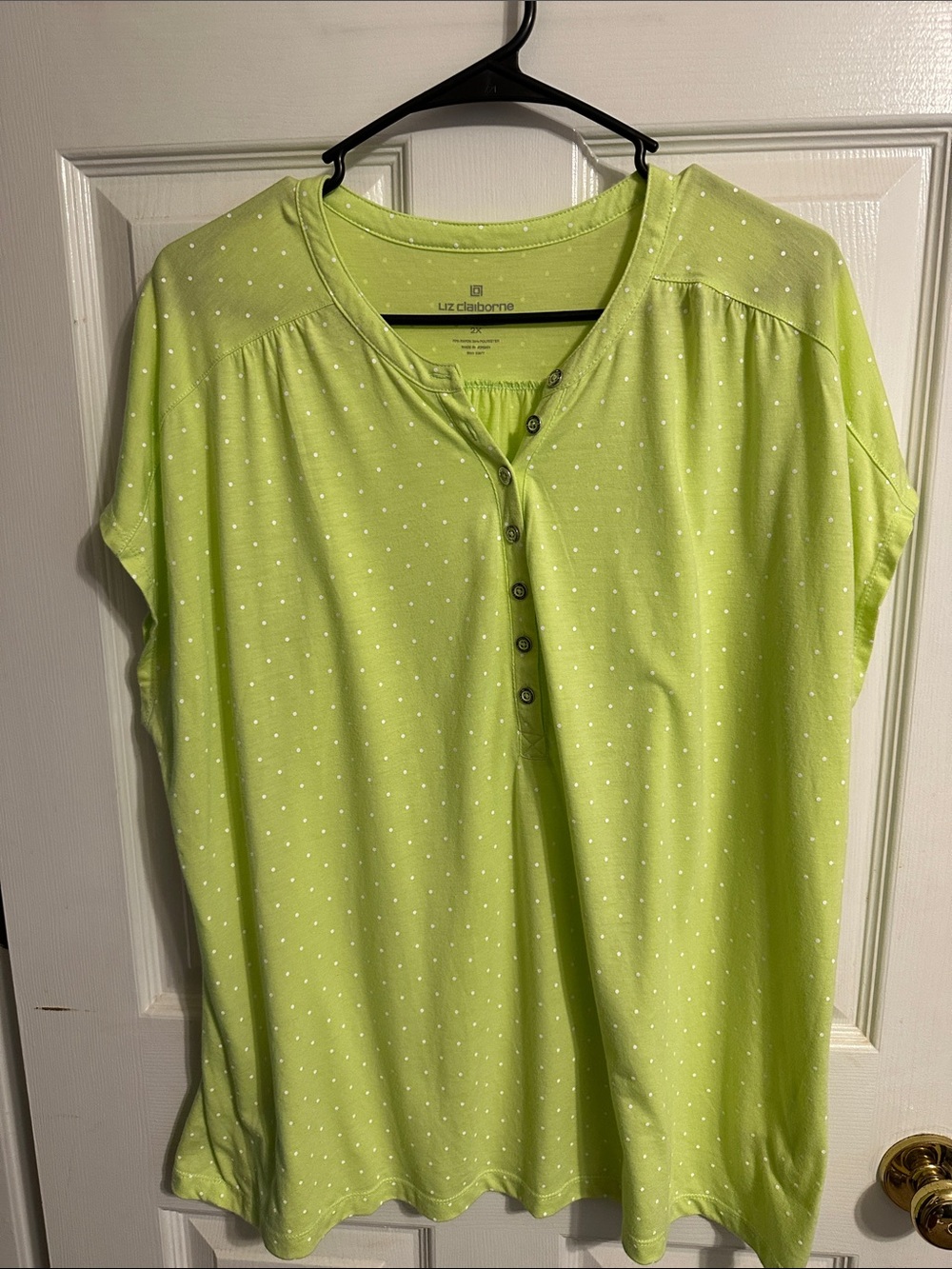 Liz Claiborne Lime Green Polka Dot Henley Short Sleeve Top